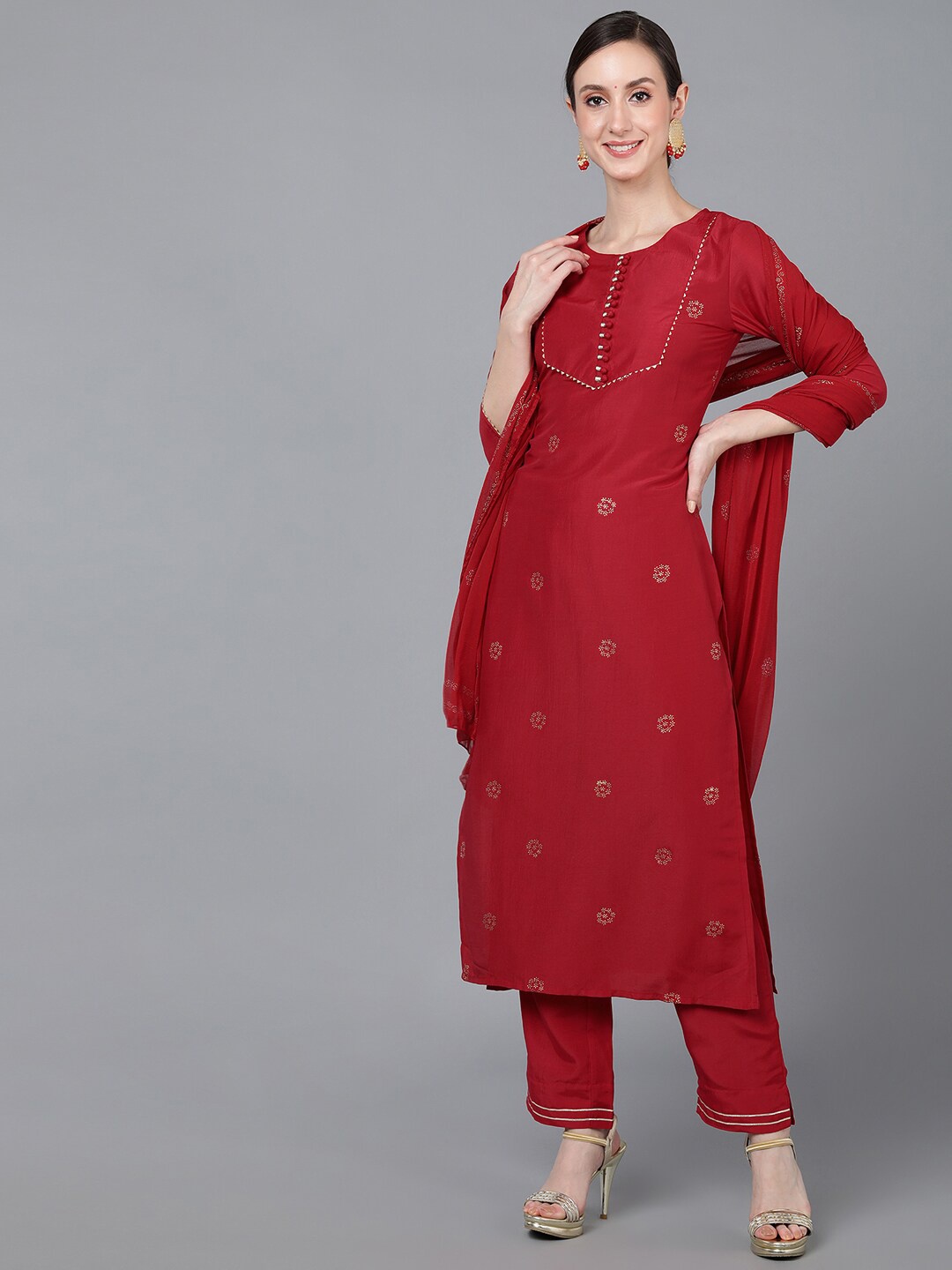 

AHIKA Women Red Floral Printed Kurta with Trouser With Dupatta