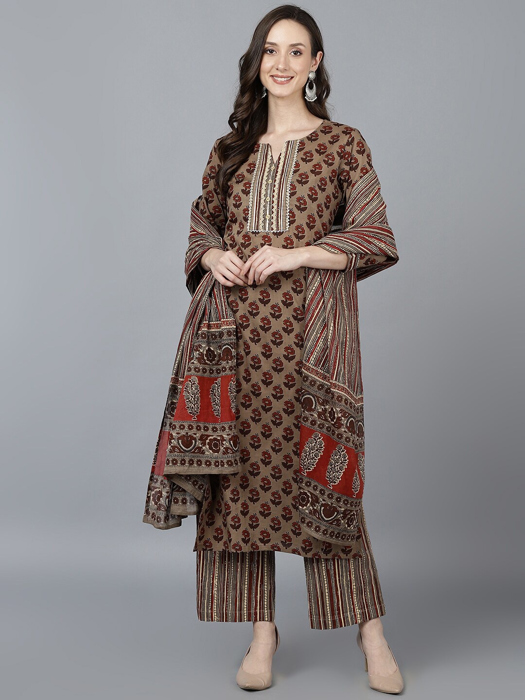 

AHIKA Women Brown Floral Printed Pure Cotton Kurta with Palazzo With Dupatta