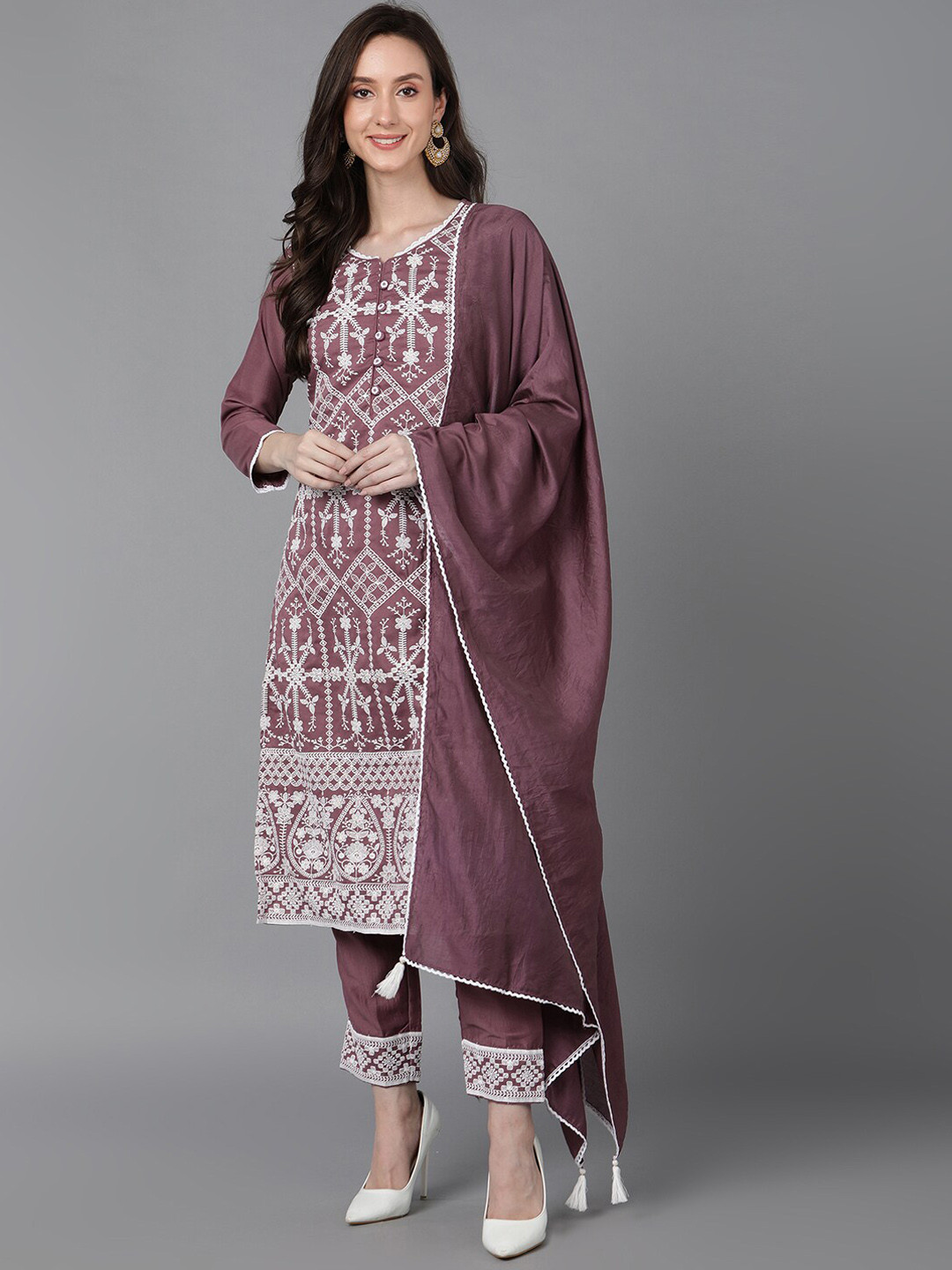 

AHIKA Women Mauve Embroidered Thread Work Kurta with Trouser With Dupatta