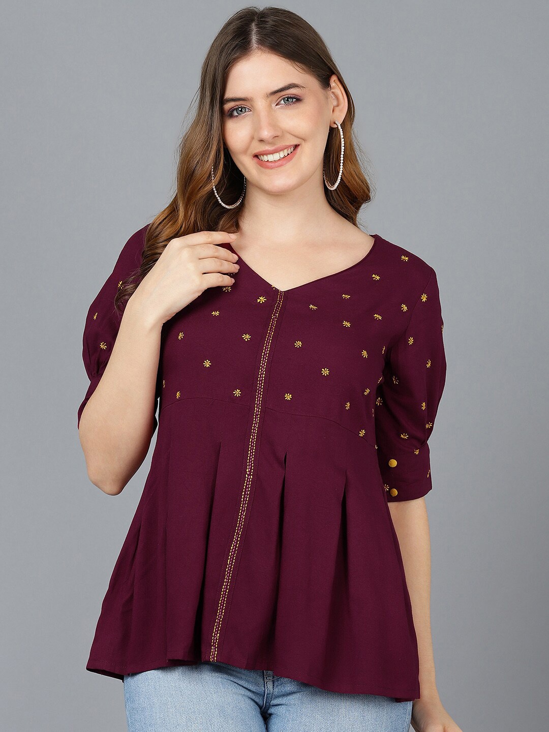

AHIKA Women Burgundy Floral Embroidered Peplum Top