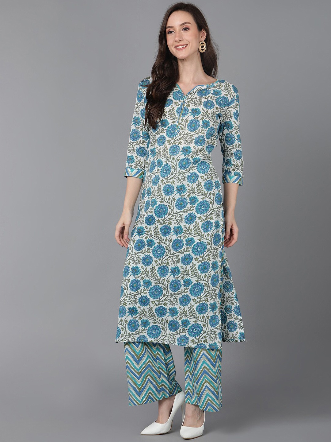 

AHIKA Women White Floral Printed Pure Cotton Kurta with Palazzo With Dupatta