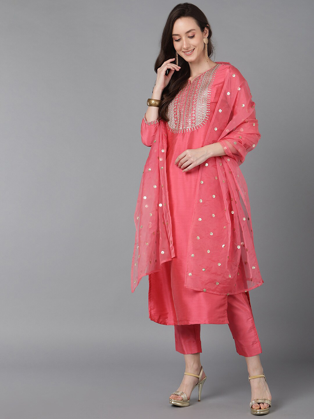 

AHIKA Women Pink Floral Yoke Design Sequinned Kurta with Trousers With Dupatta