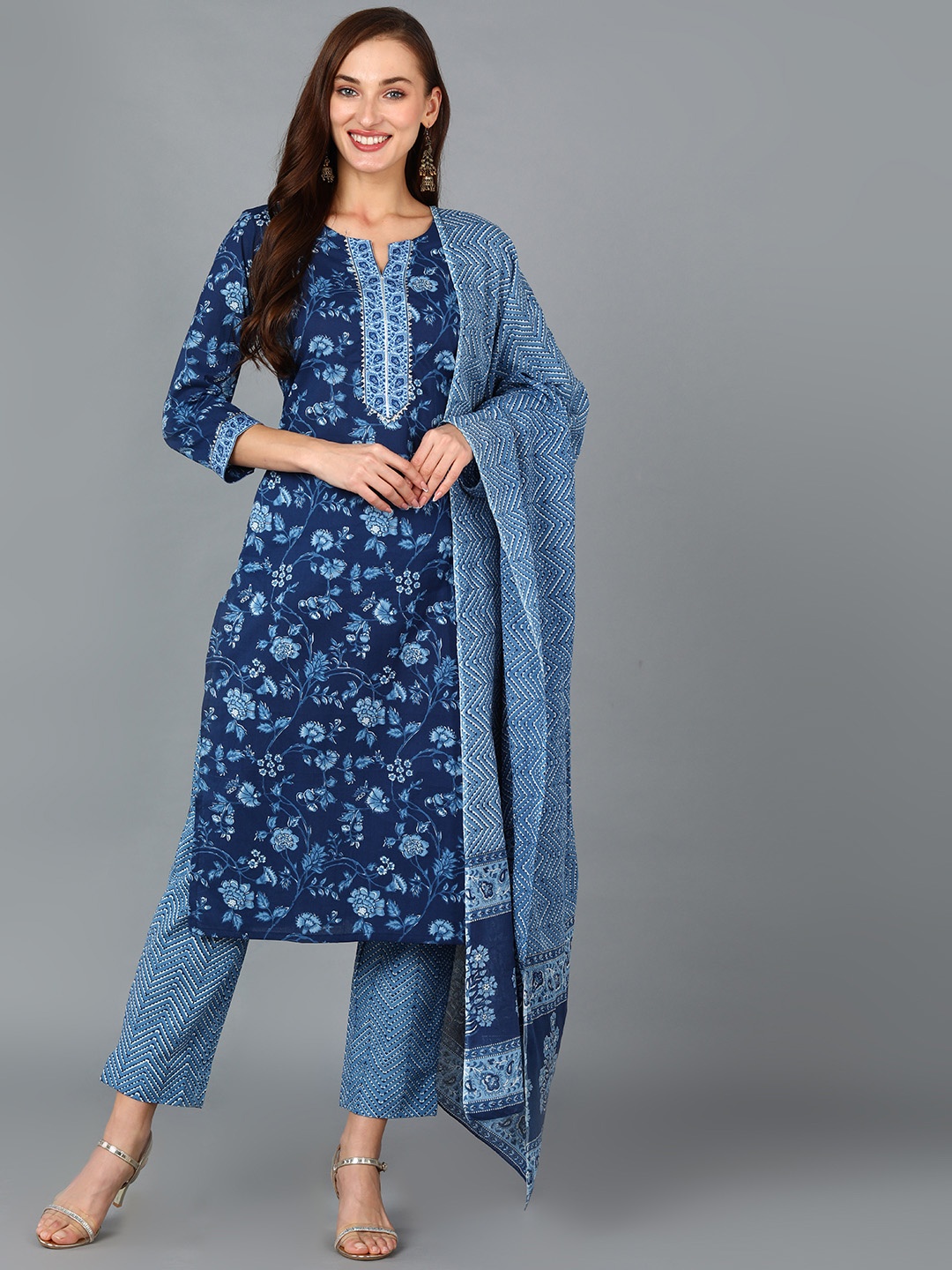 

AHIKA Women Floral Printed Cotton Blend Kurta with Trouser With Dupatta, Blue