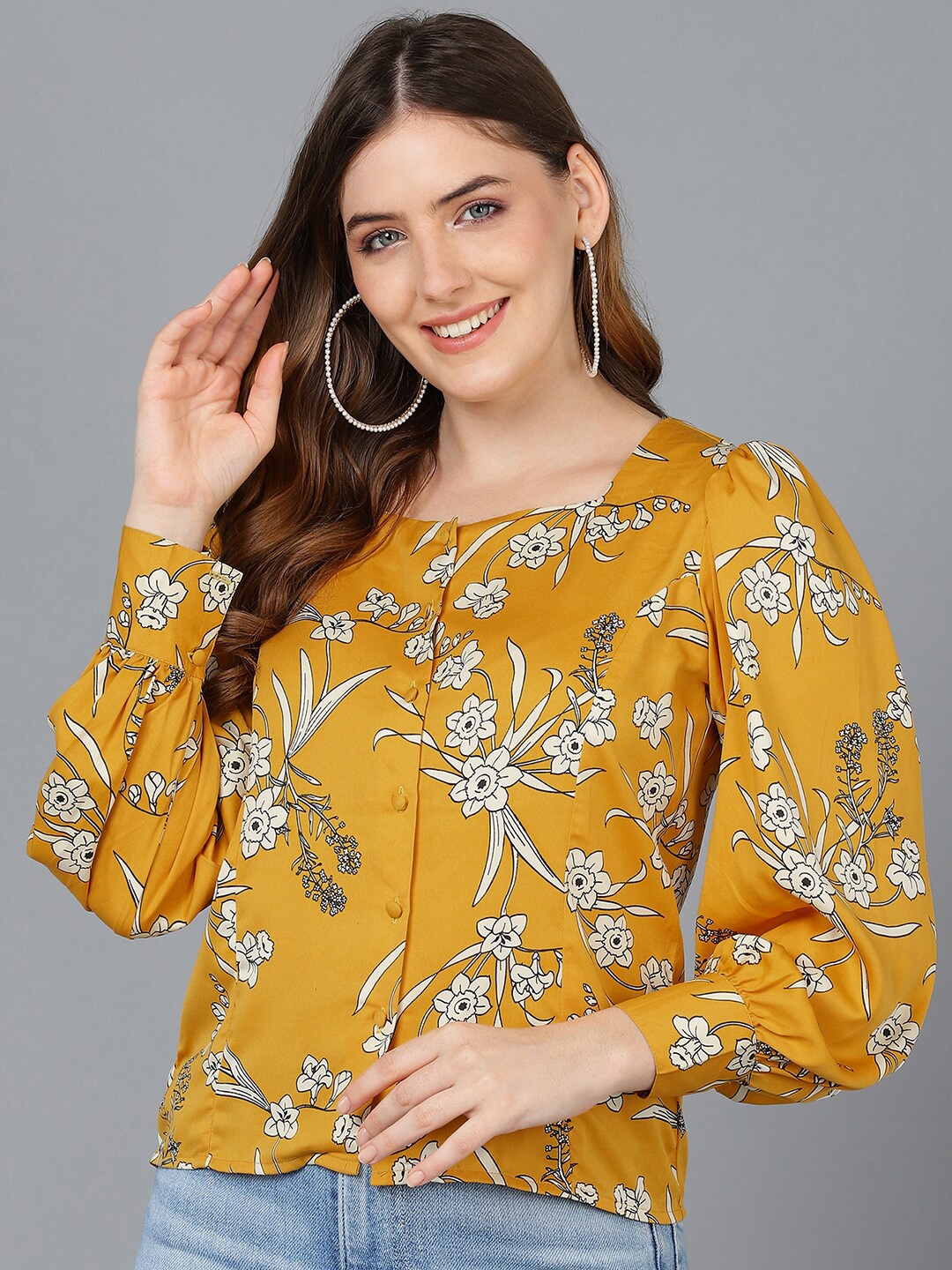 

AHIKA Women Yellow Floral Print Crepe Top