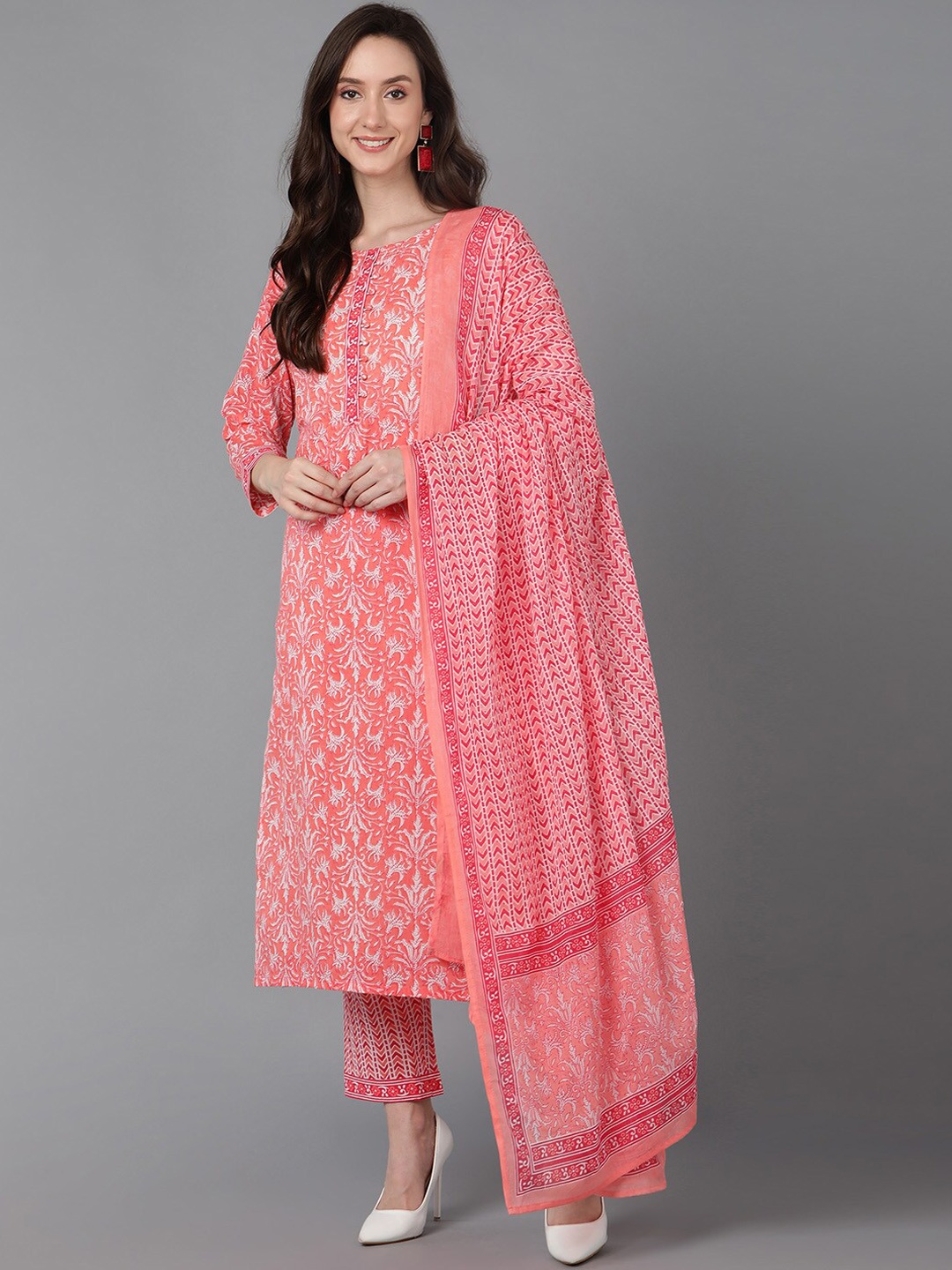 

AHIKA Women Pink Printed Pure Cotton Kurta with Trouser With Dupatta