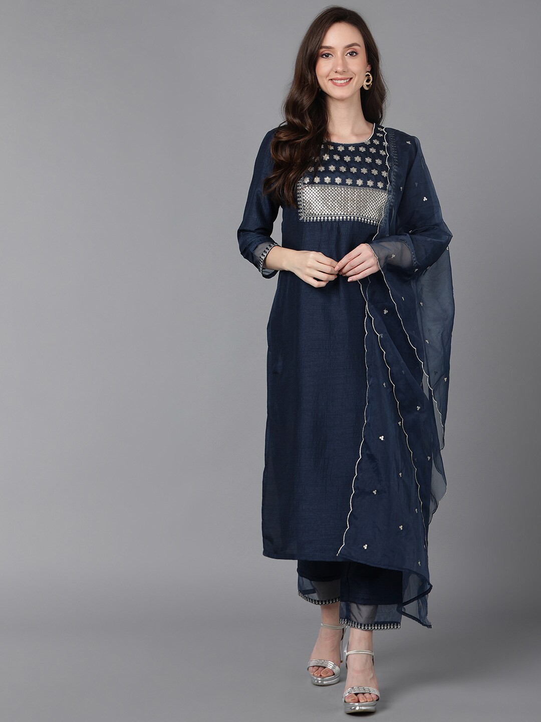 

AHIKA Women Navy Blue Floral Yoke Design Sequinned Kurta with Trouser With Dupatta