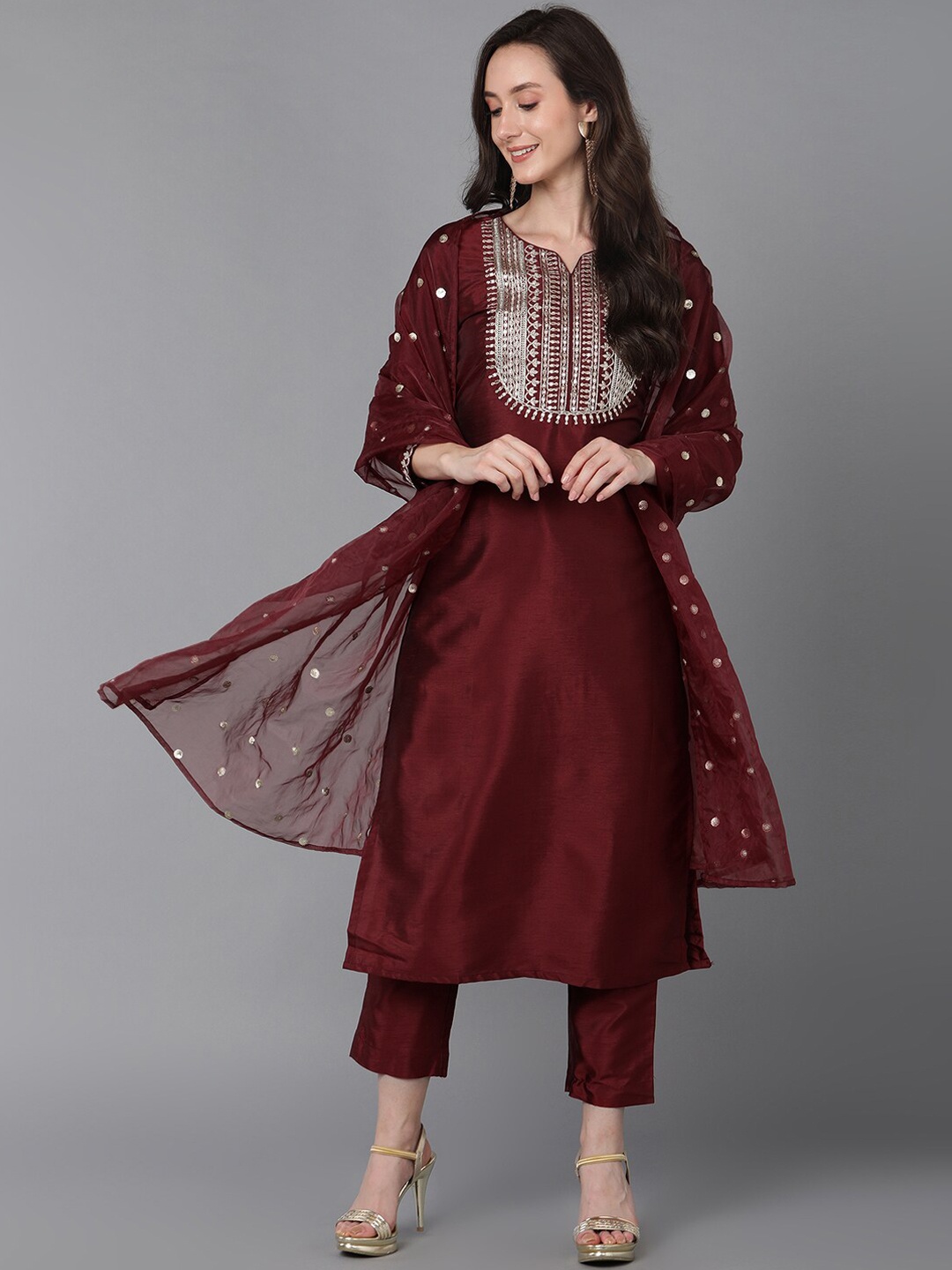 

AHIKA Women Maroon Floral Yoke Design Sequinned Kurta with Trouser With Dupatta