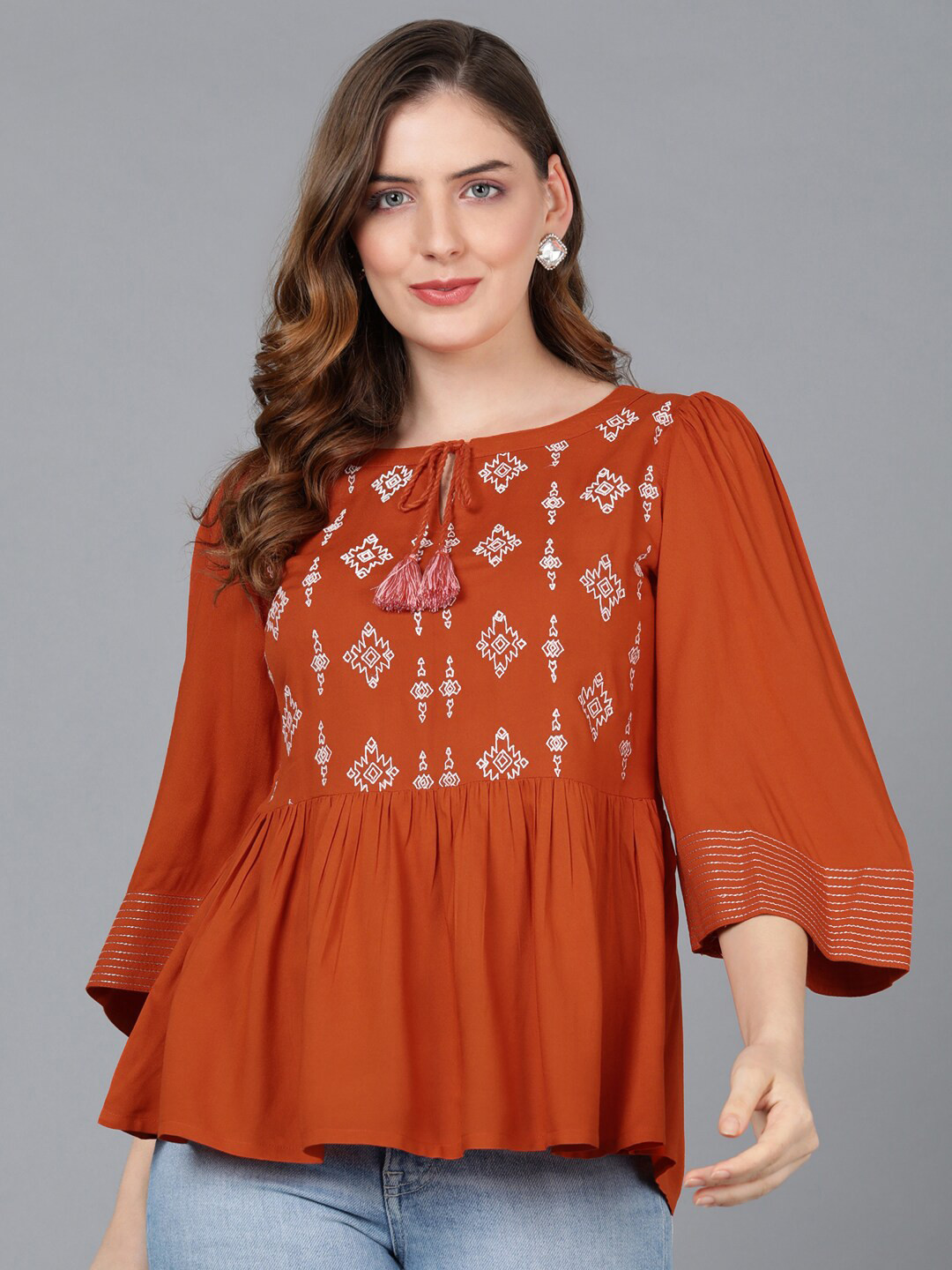 

AHIKA Women Rust Print Tie-Up Neck Top