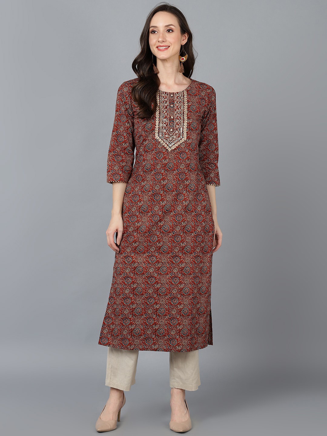 

AHIKA Women Brown Cotton Ethnic Motifs Printed Gotta Patti Kurta