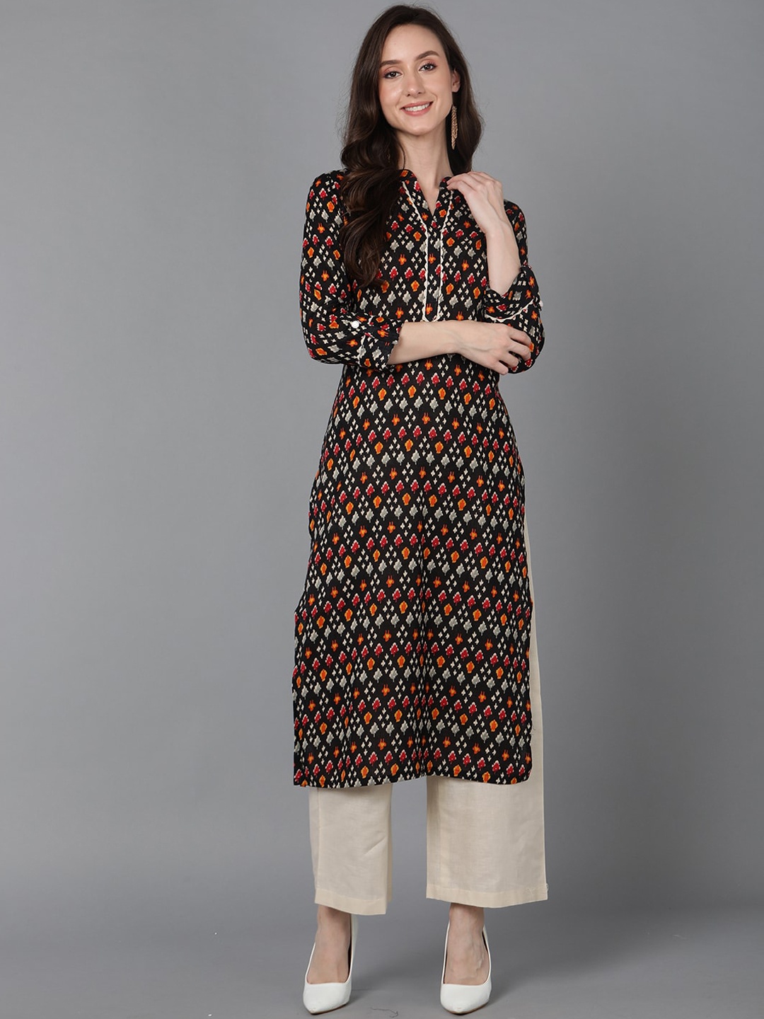 

AHIKA Women Black & Orange Cotton Abstract Printed Kurta