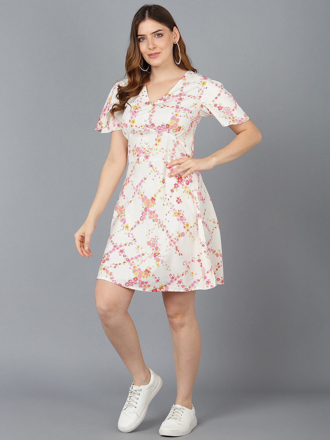 

AHIKA Women Off White & Pink Floral Printed Dress