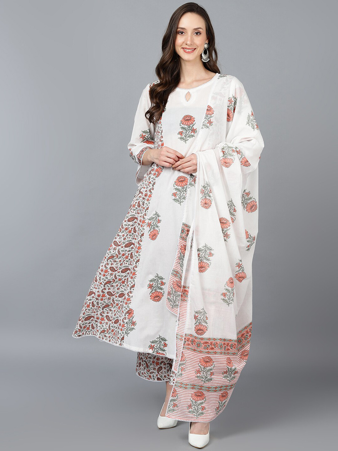 

AHIKA Women White Floral Printed Panelled Pure Cotton Kurta with Palazzos & With Dupatta