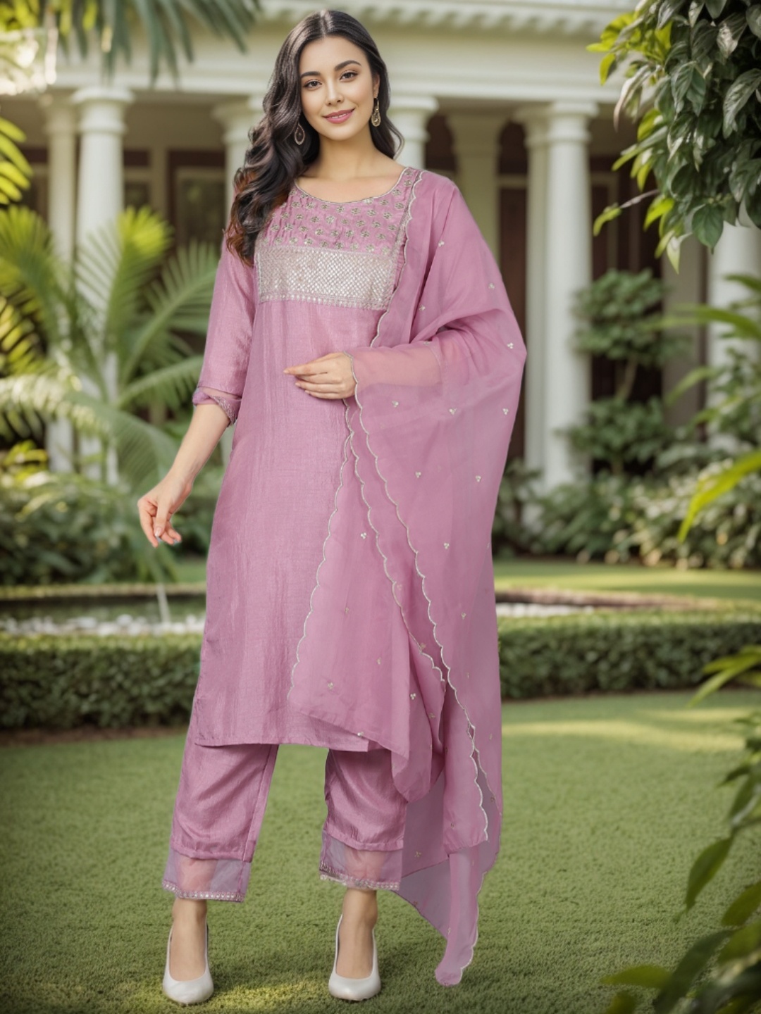 

AHIKA Women Lavender Ethnic Motifs Yoke Design Sequinned Kurta with Trouser & Dupatta