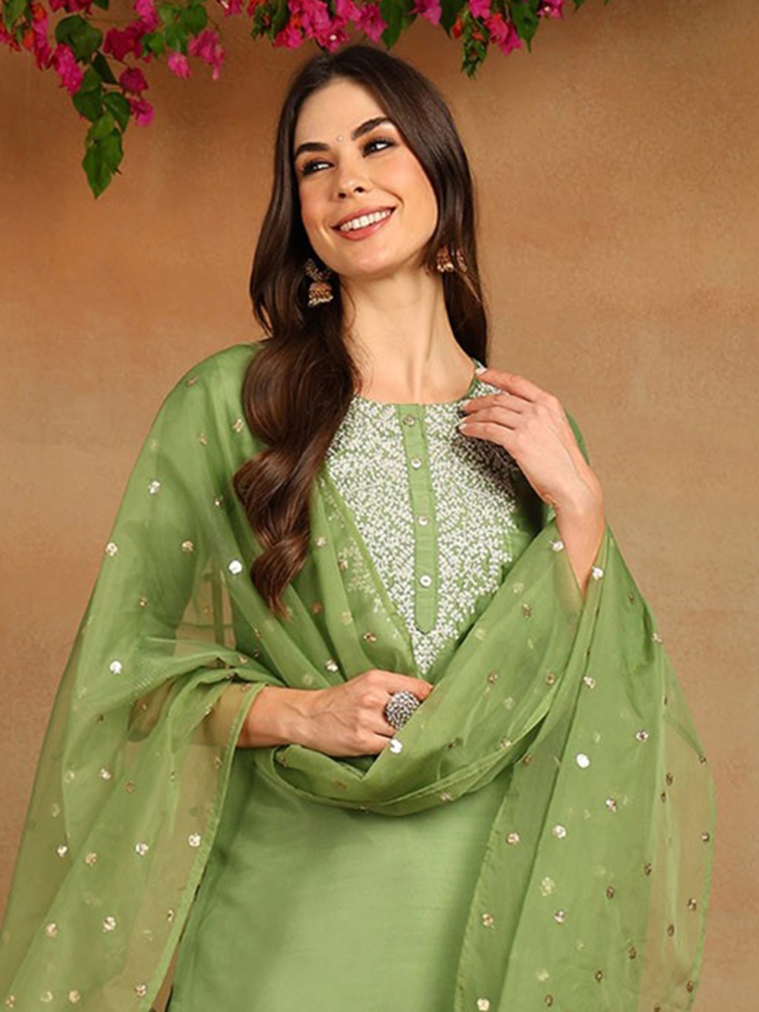 

AHIKA Women Green Floral Embroidered Kurta with Trousers & With Dupatta