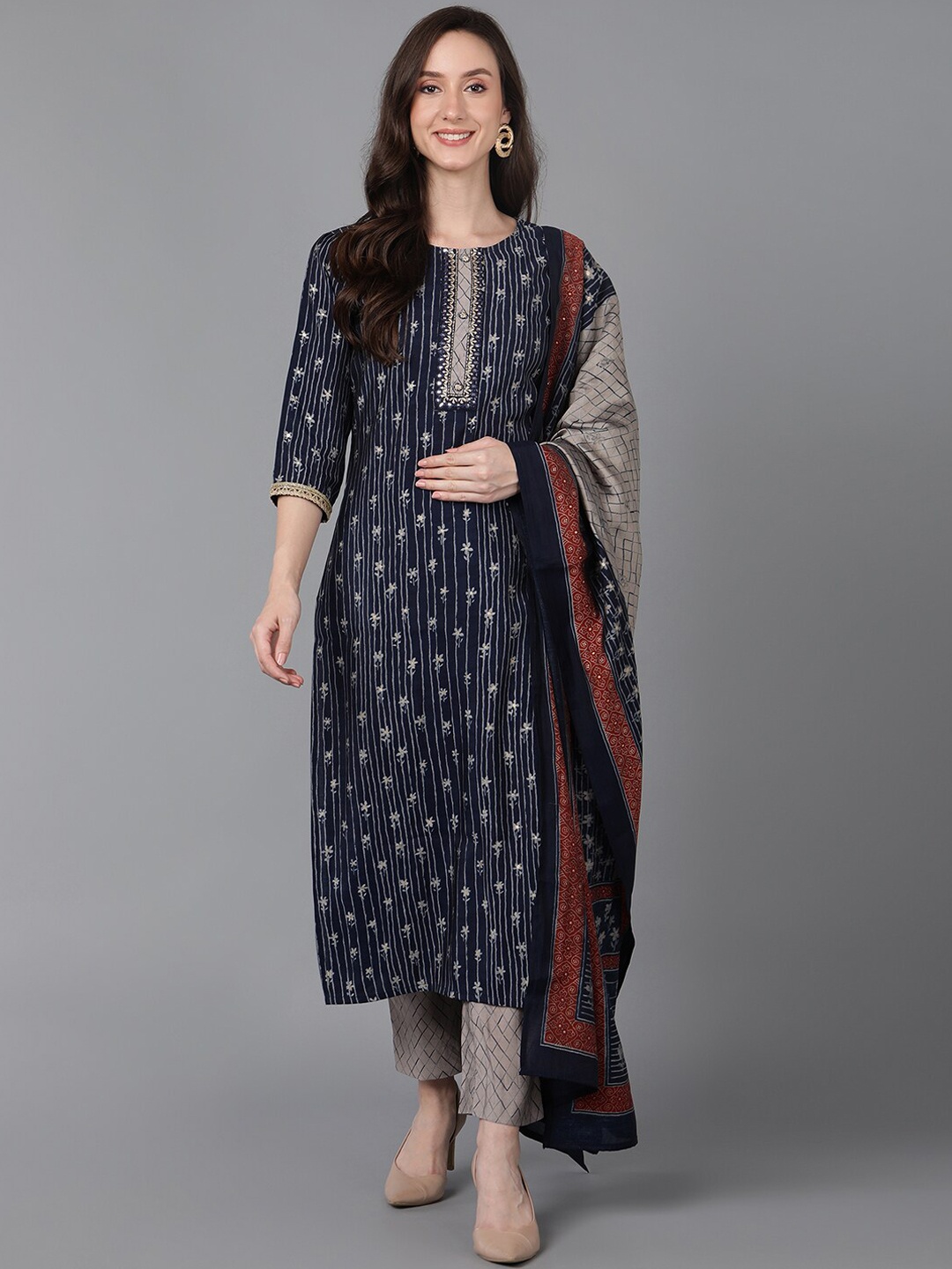 

AHIKA Women Navy Blue Ethnic Motifs Printed Mirror Work Kurta with Trousers & With Dupatta