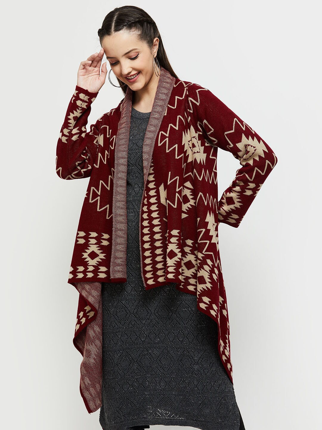 

max Women Maroon & Beige Printed Shrug