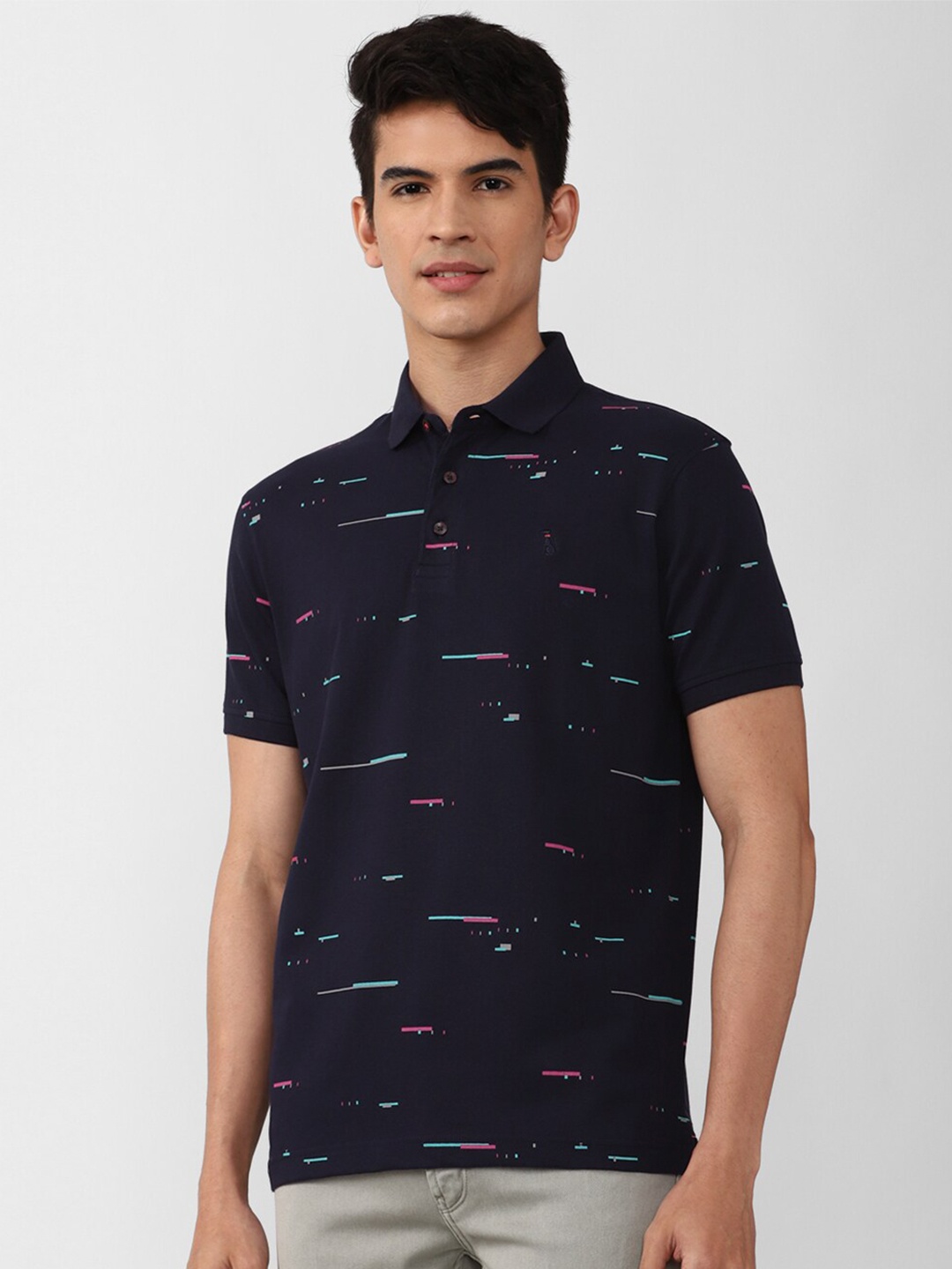 

SIMON CARTER LONDON Men Navy Blue Printed Polo Collar Slim Fit T-shirt