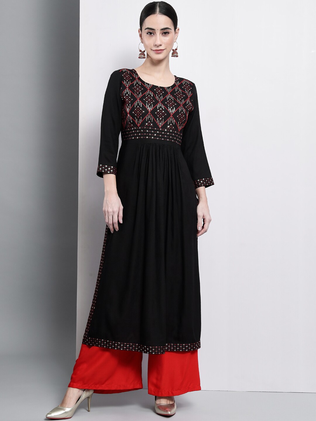 

ADORRO Round Neck Embroidered Sequins A-Line Pleated Kurta, Black