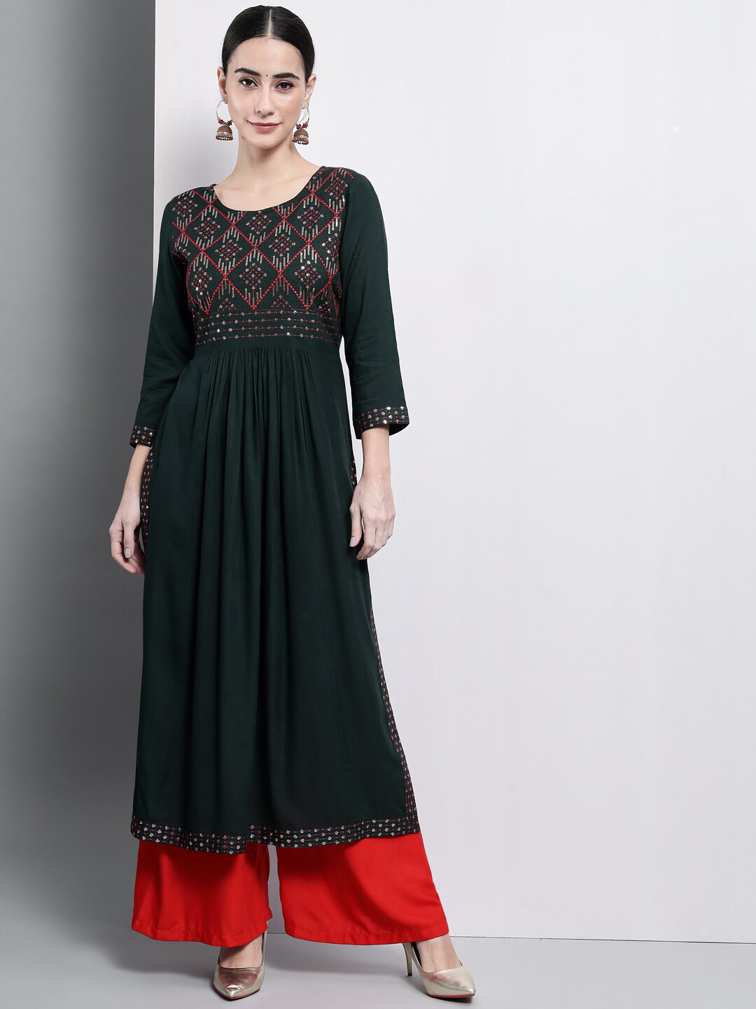 

ADORRO Women Teal Green Embroidered Kurta