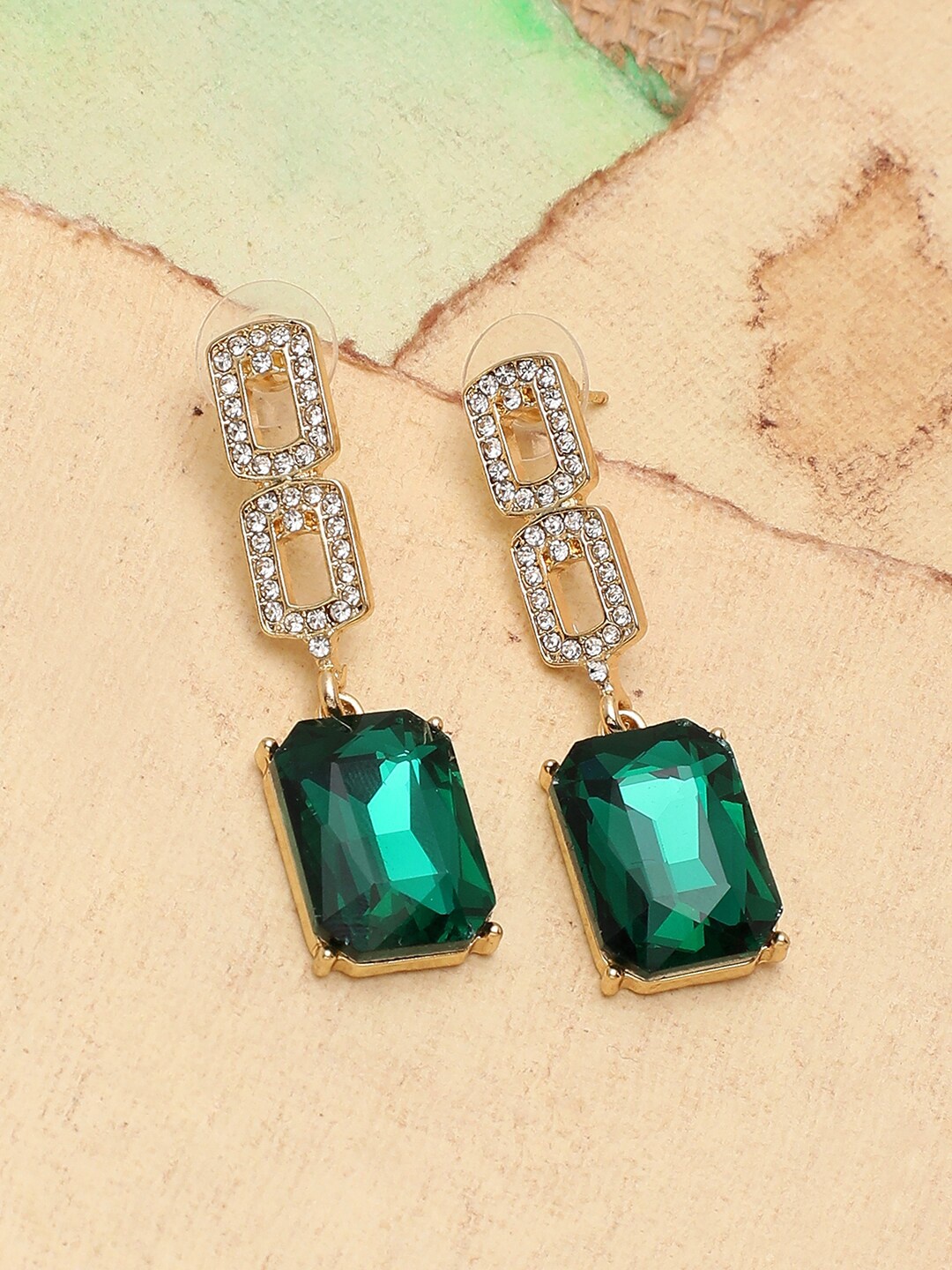 

SOHI Green & White Gold-Plated Contemporary Drop Earrings