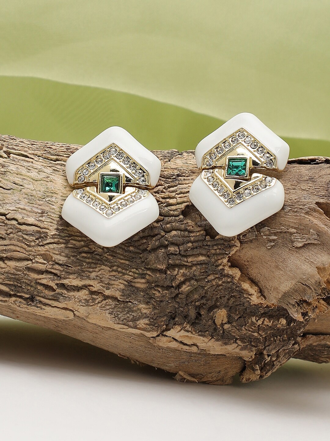 

SOHI White & Green Gold-Plated Contemporary Studs Earrings