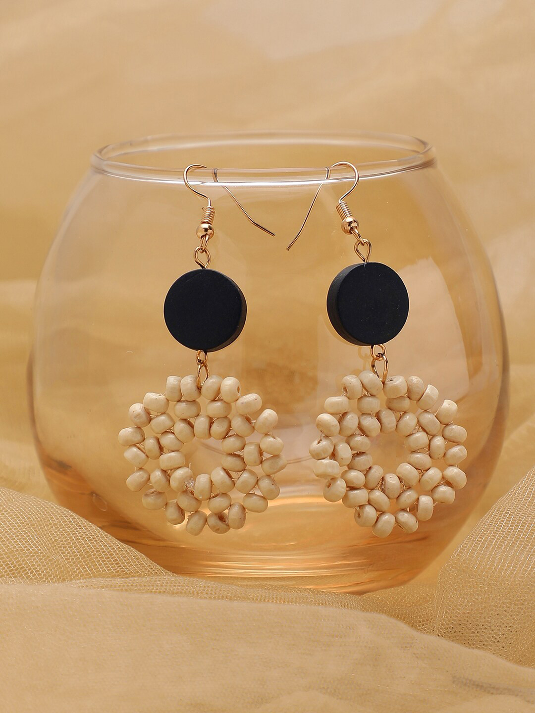 

SOHI Black & Beige Gold-Plated Contemporary Drop Earrings