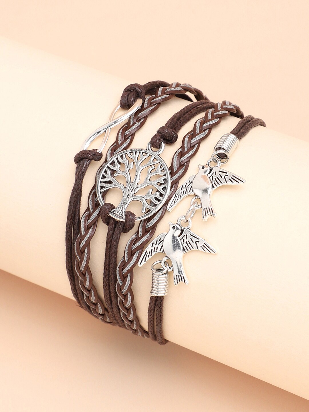 

SOHI Women Silver-Toned & Brown Leather Wraparound Bracelet