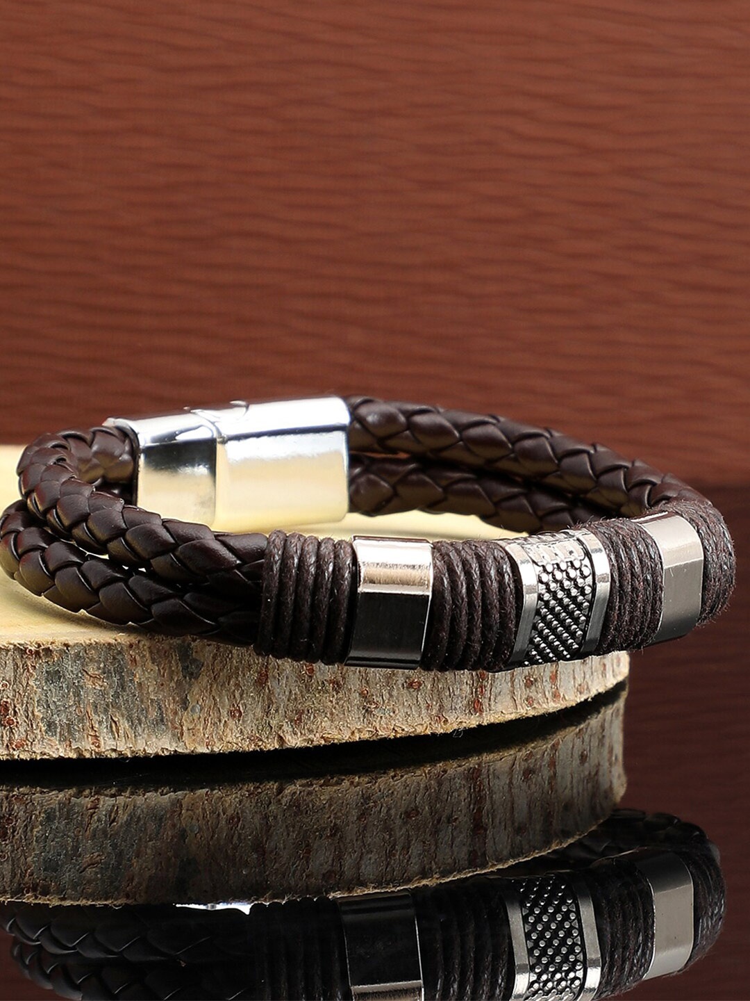 

SOHI Women Brown Leather Silver-Plated Wraparound Bracelet