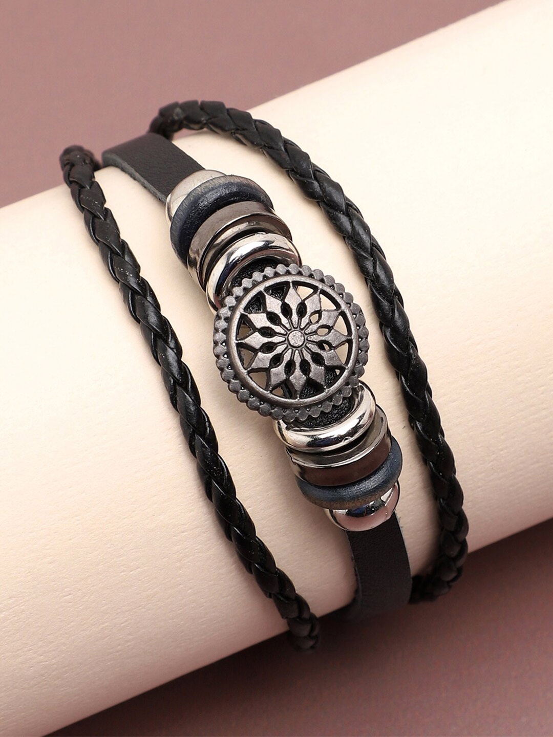 

SOHI Women Silver-Toned & Black Leather Multistrand Bracelet