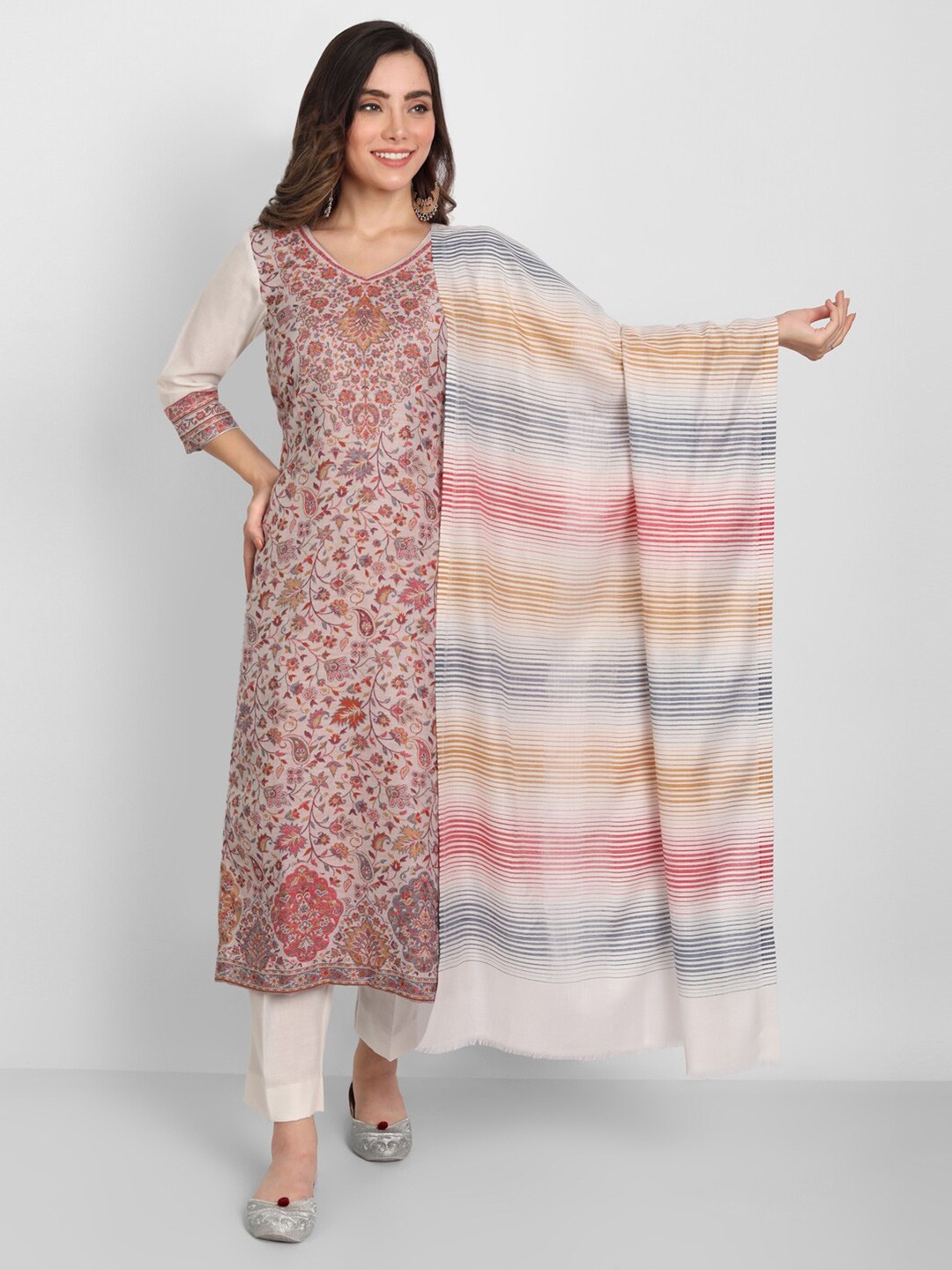 

Zamour Woven Design Acro Wool Unstitched Dress Material, Cream