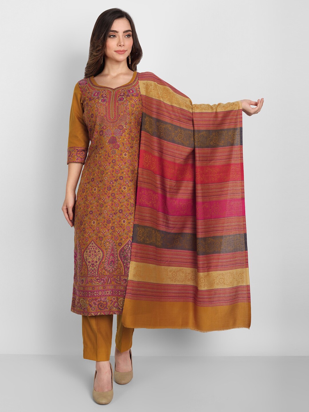 

Zamour Women Mustard Yellow & Pink Woven Design Unstitched Dress Material