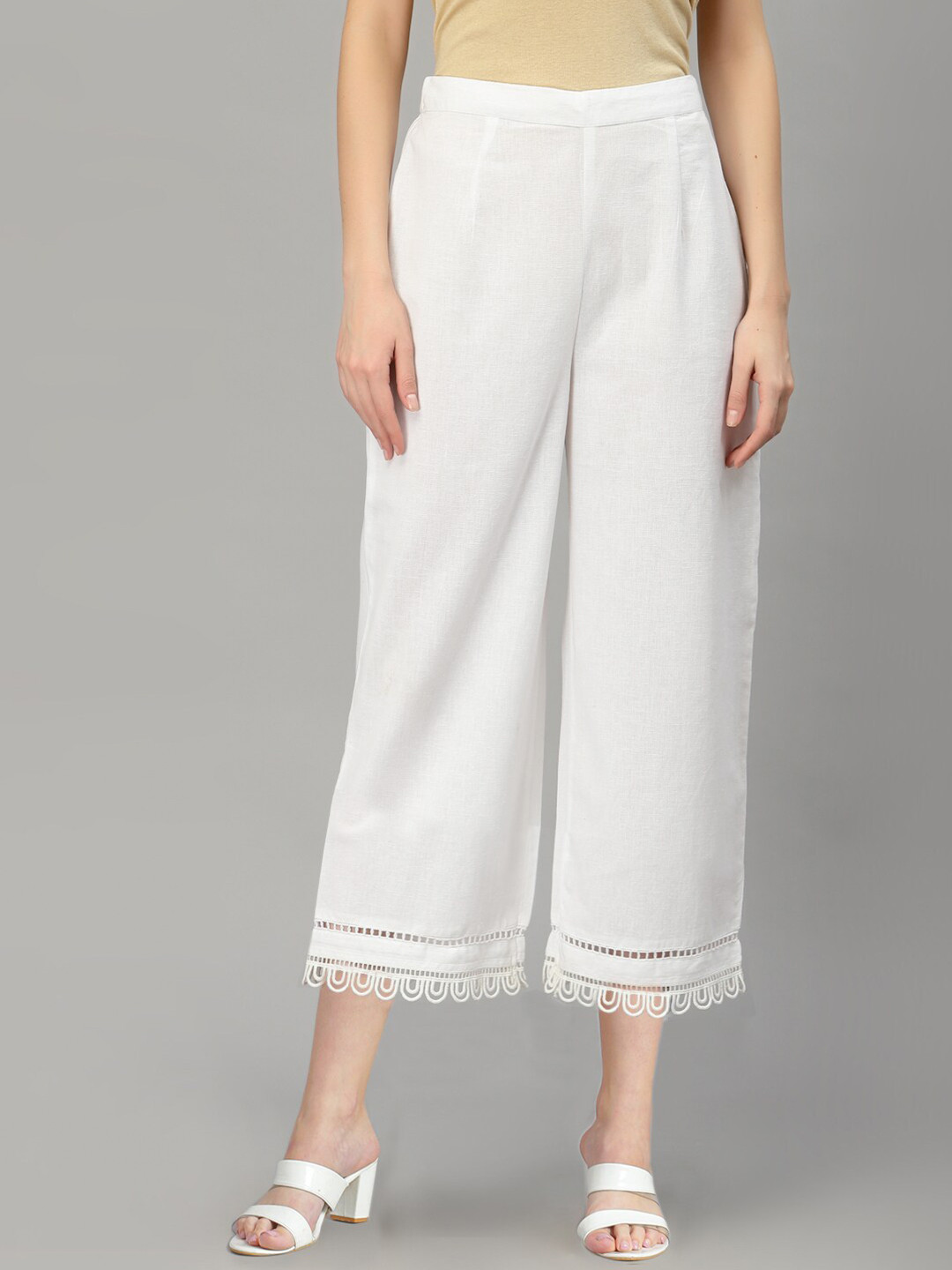 

QOMN Women White Pure Cotton Palazzos