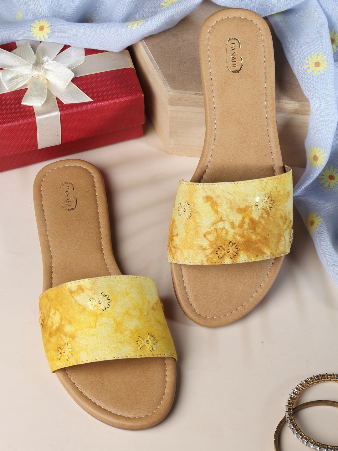 

PANAHI Women Yellow Printed Open Toe Flats