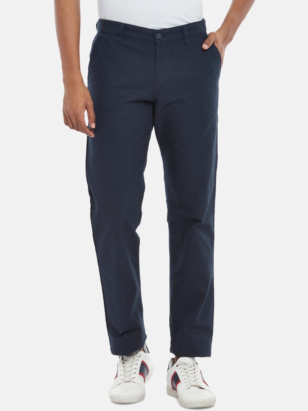 

BYFORD by Pantaloons Men Navy Blue Low-Rise Cotton Trousers