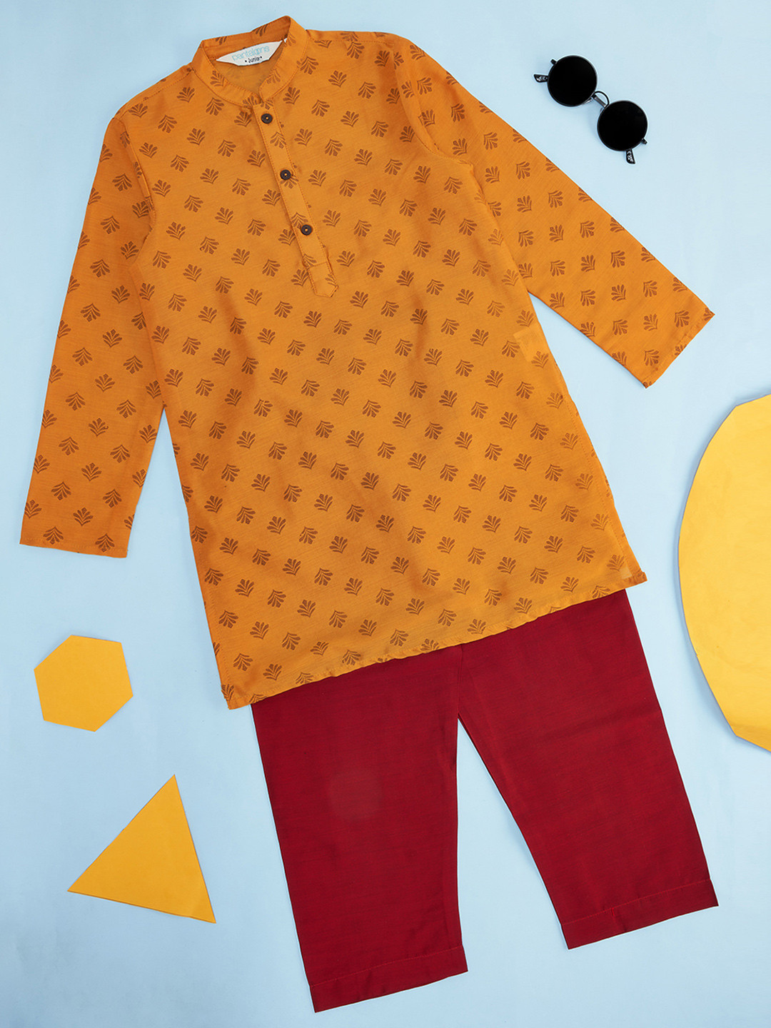 

indus route by Pantaloons Boys Mustard Yellow Floral Printed Kurta with Pyjama