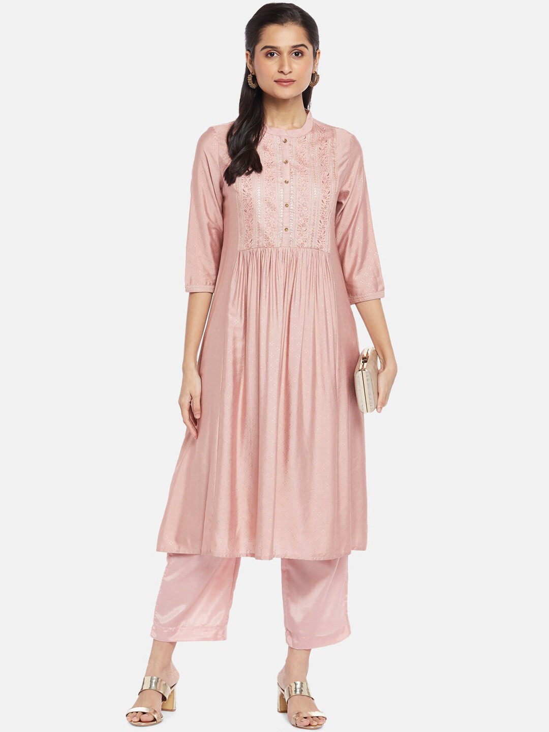 

RANGMANCH BY PANTALOONS Women Pink Floral Embroidered Empire Sequinned Kurta with Trousers