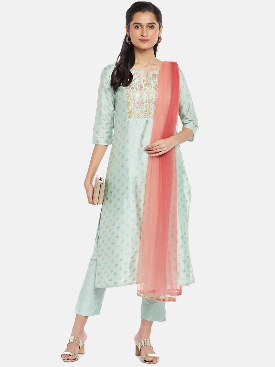 

RANGMANCH BY PANTALOONS Women Sea Green Ethnic Motifs Printed Sequinned Kurta with Trousers & With Dupatta