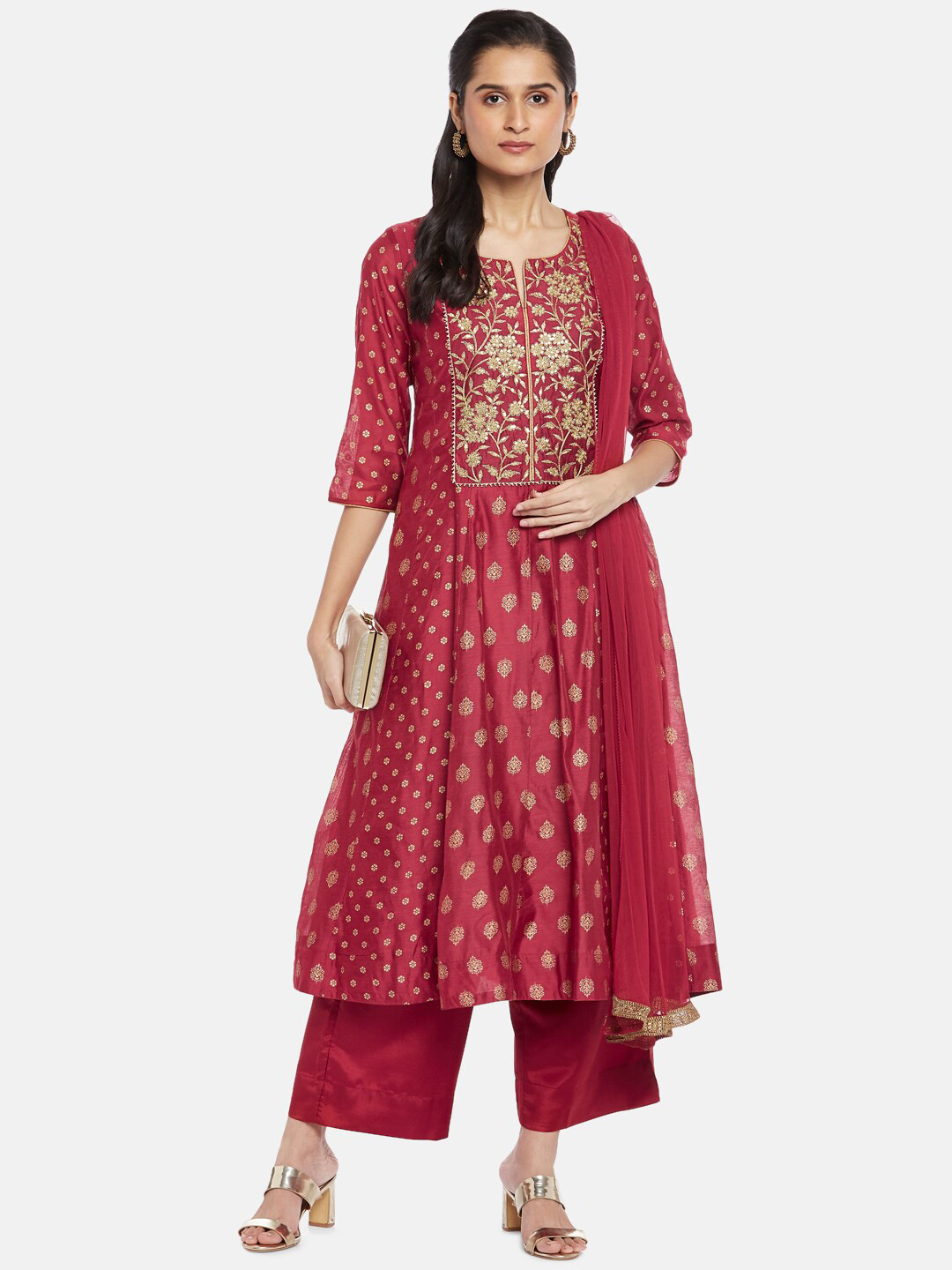 

RANGMANCH BY PANTALOONS Women Maroon Ethnic Motifs Embroidered Panelled Sequinned Chanderi Silk Kurta with