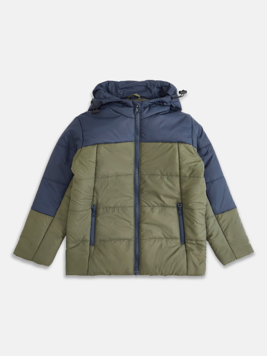 

Pantaloons Junior Boys Navy Blue & Olive Green Colourblocked Puffer Jacket