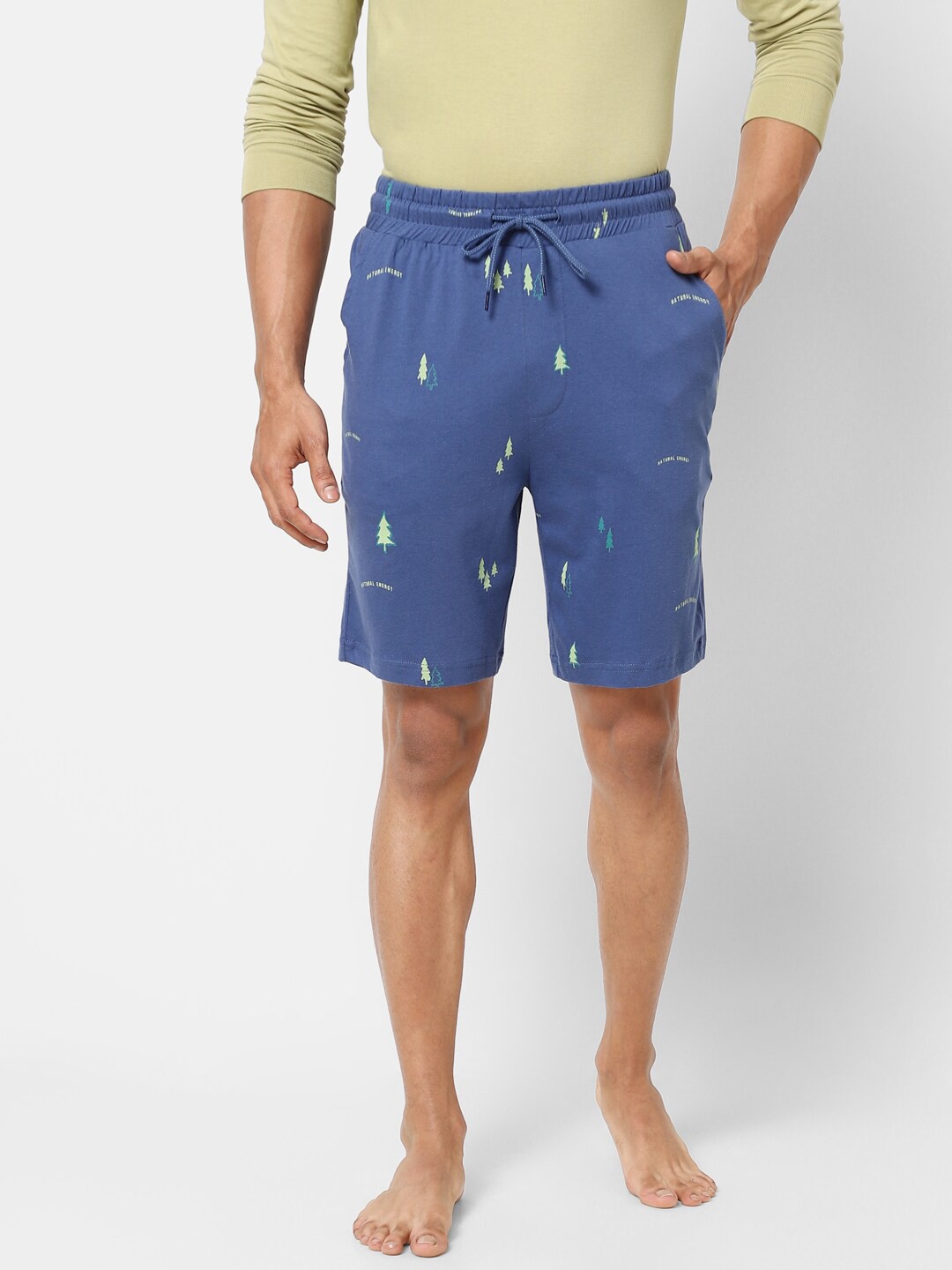 

Ajile by Pantaloons Men Navy Blue & Green Printed Cotton Lounge Shorts