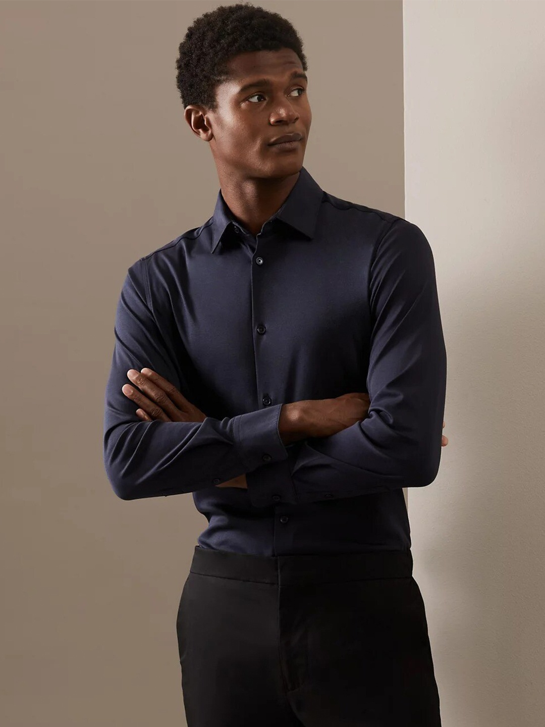 

Marks & Spencer Men Navy Blue Solid Cotton Casual Shirt