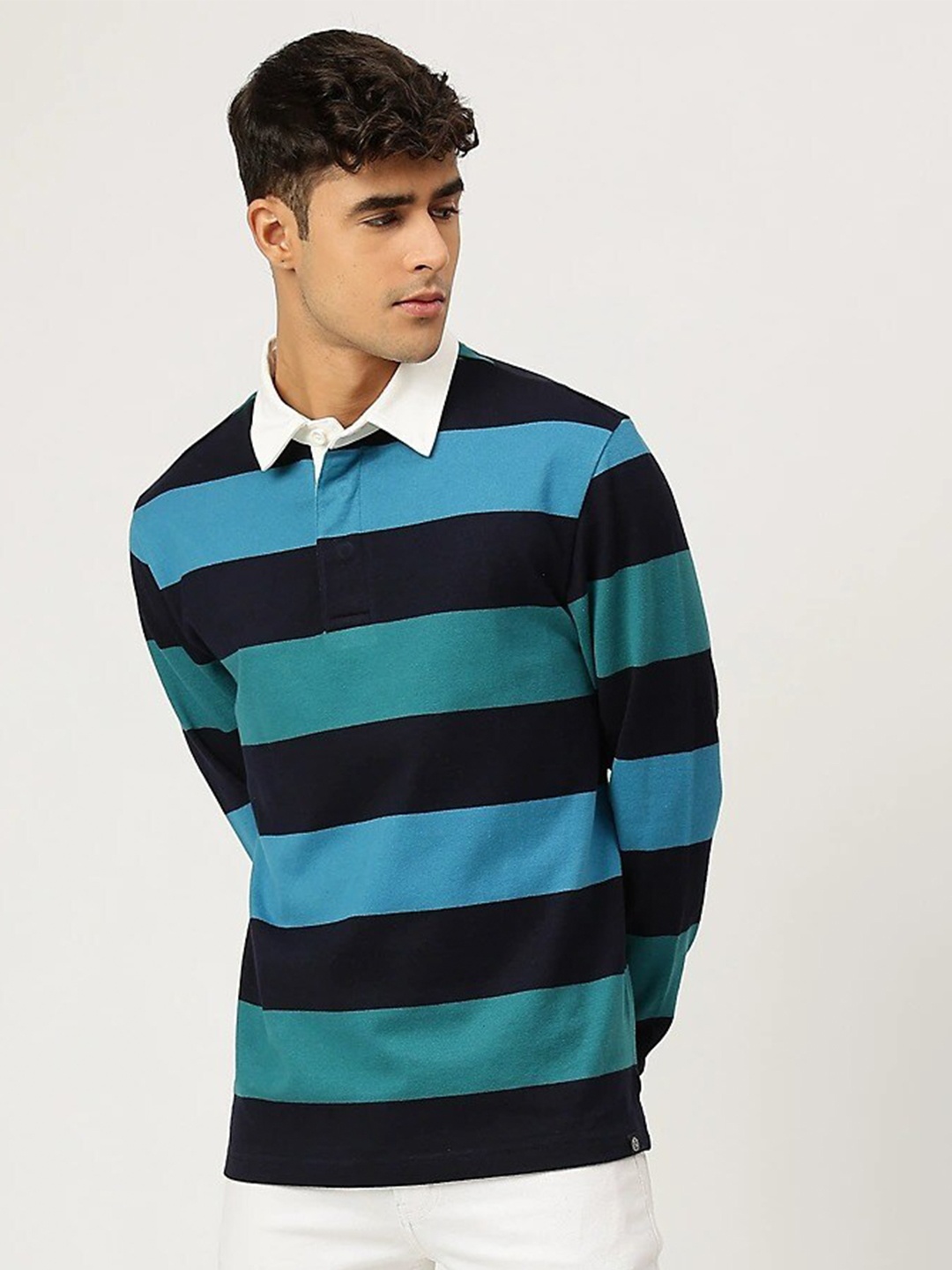 

Marks & Spencer Men Green Striped Polo Collar T-shirt