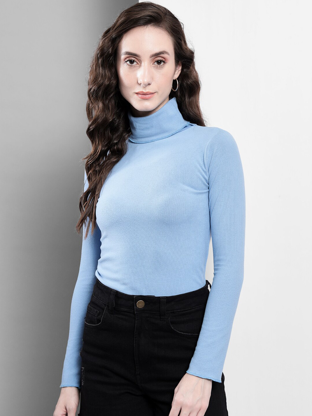 

Darzi Women Light Blue Solid Turtle Neck Cotton Pullover