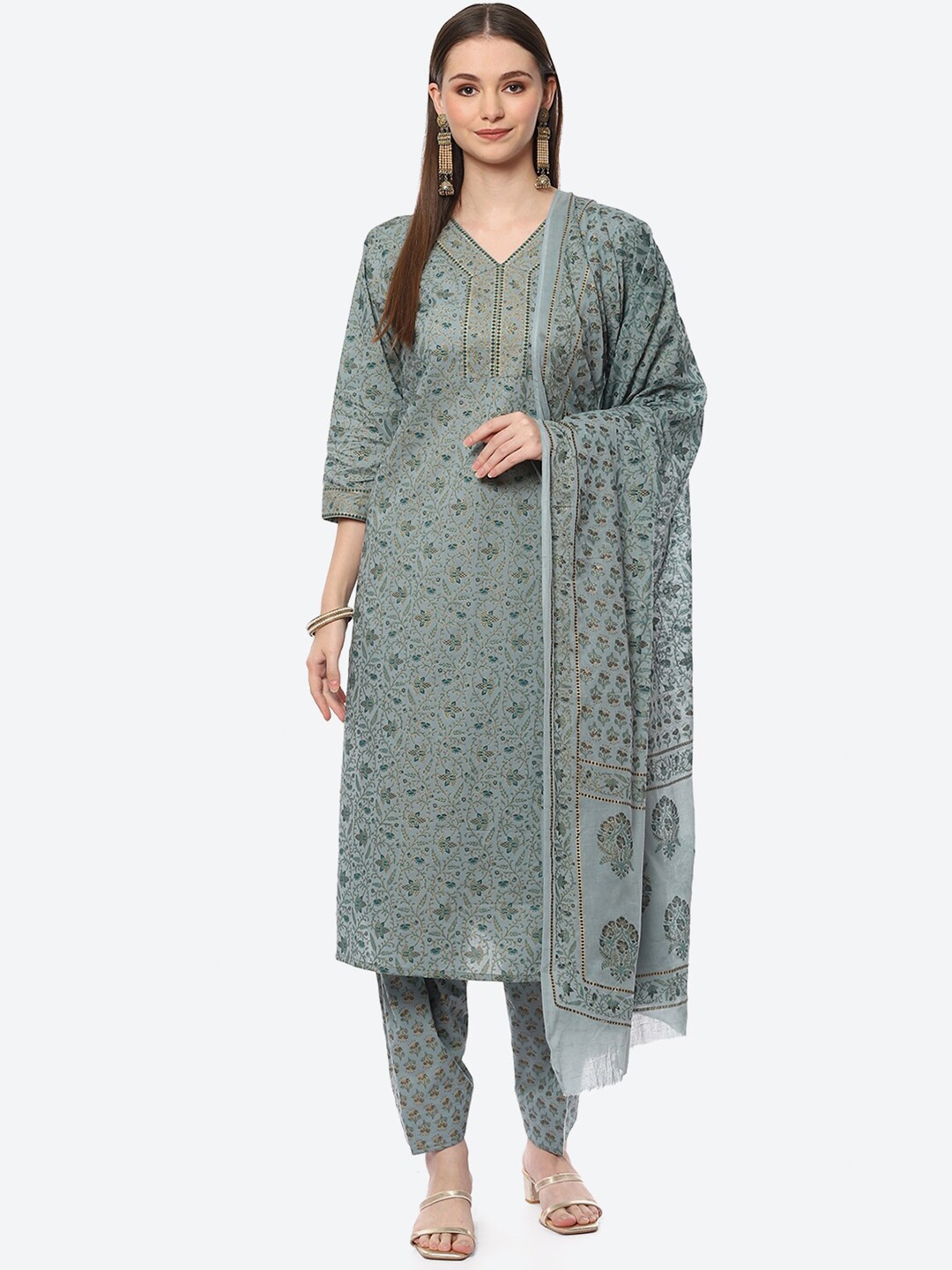 

Biba Women Grey & Gold-Toned Printed Cotton Blend Unstitched Dress Material