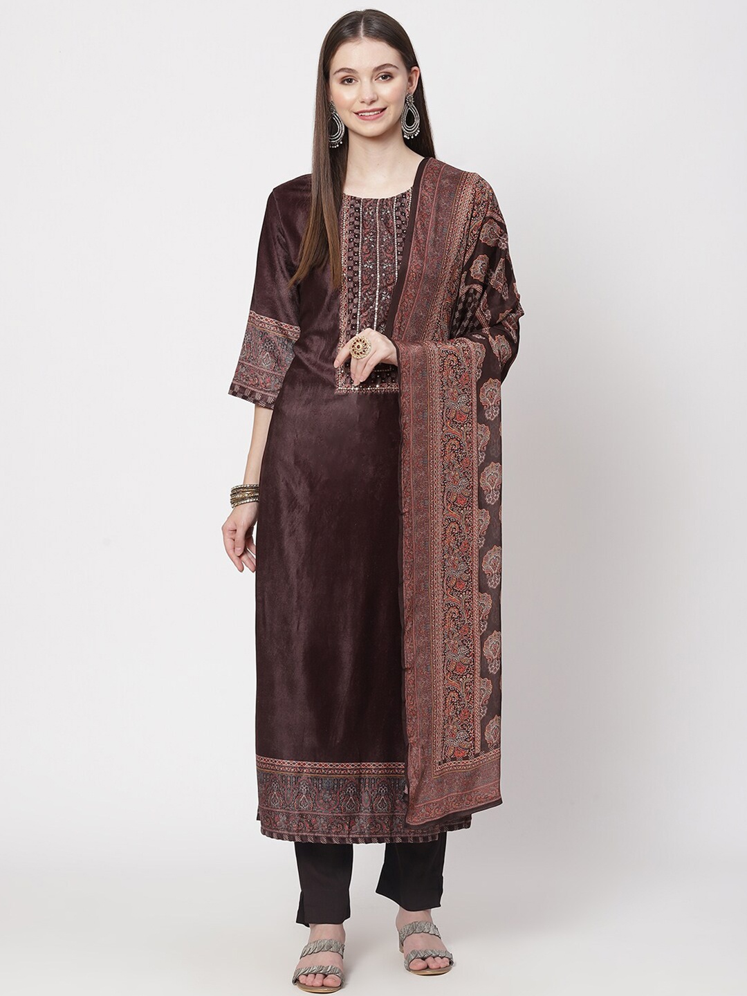 

Biba Women Brown & White Printed Velvet Unstitched Dress Material