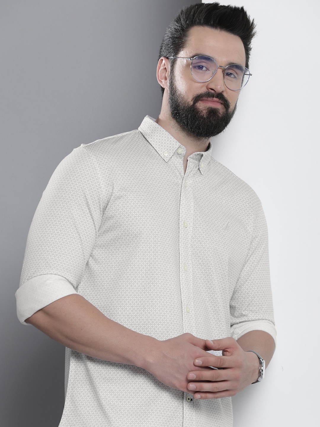 

Nautica Classic Button-Down Collar Geometric Printed Pure Cotton Casual Shirt, Grey