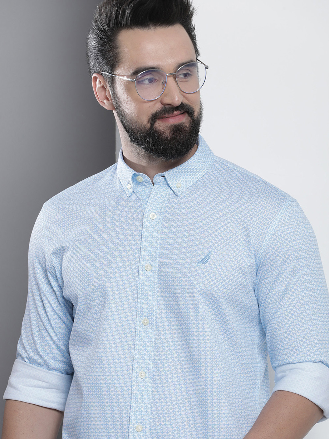 

Nautica Classic Button-Down Collar Geometric Printed Pure Cotton Casual Shirt, Blue