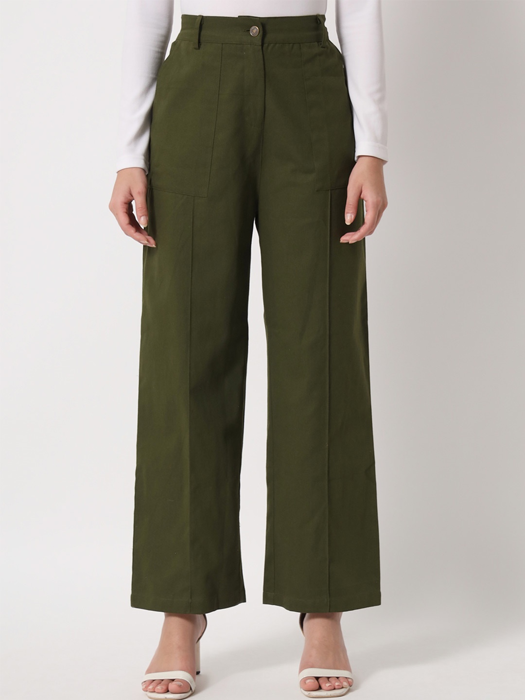 

Orchid Blues Women Olive Green Flared Pure Cotton Trousers