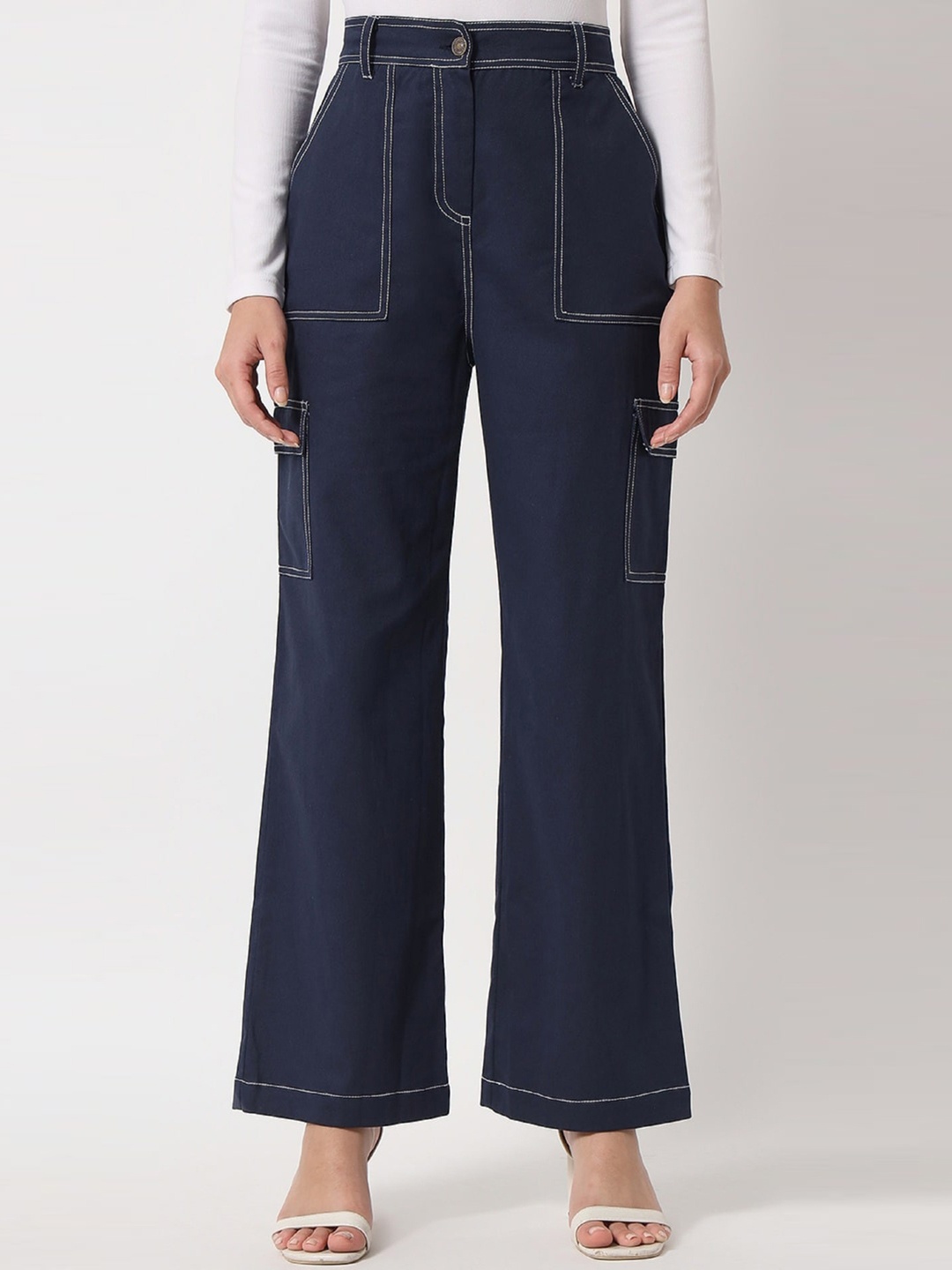 

Orchid Blues Women Navy Blue Solid Flared High-Rise Trousers
