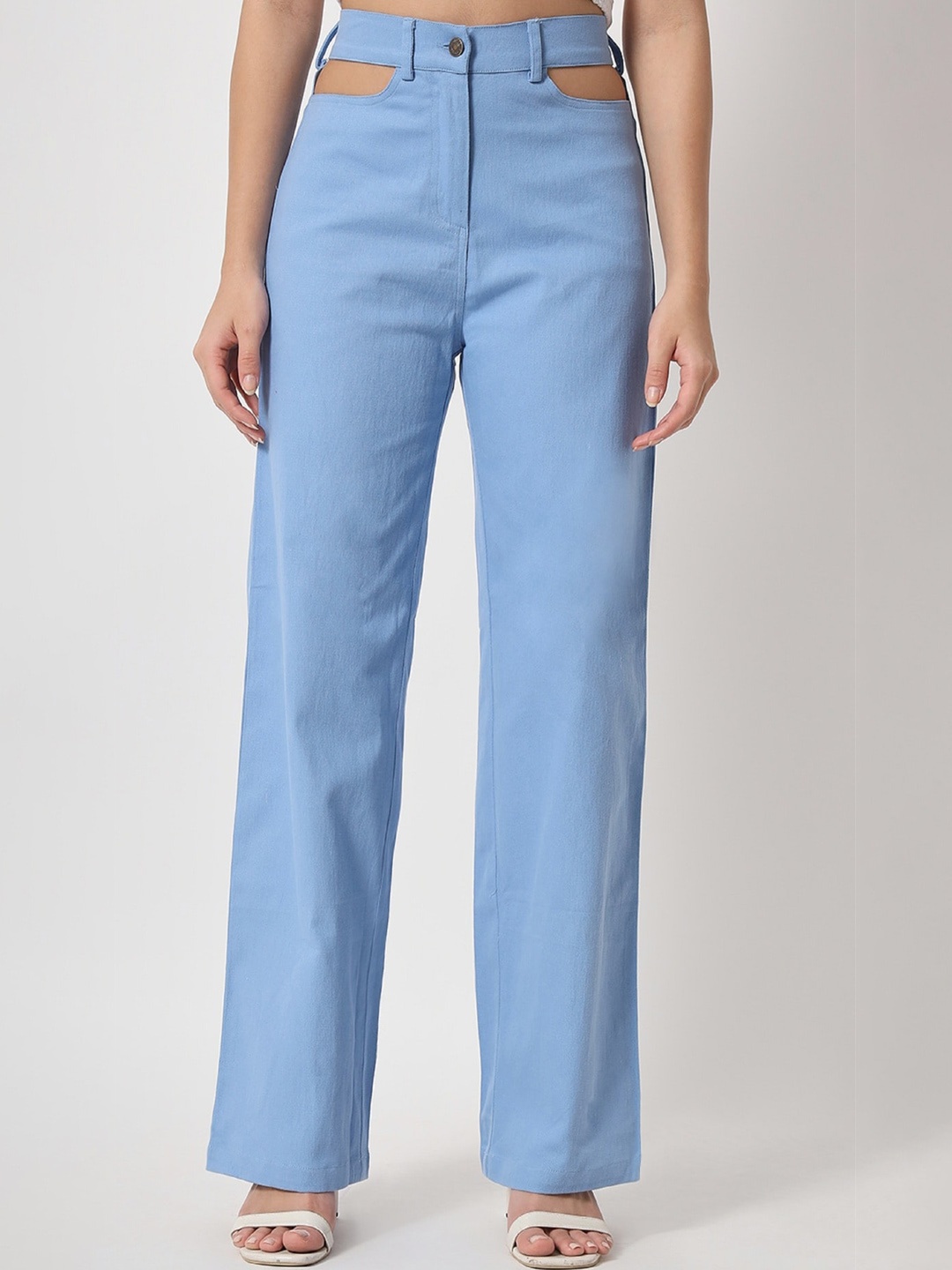 

Orchid Blues Women Blue Solid Flared High-Rise Pure Cotton Trousers